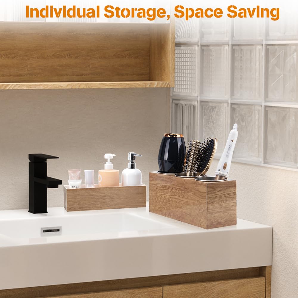 GFWARE vanity organizer with side hole for surge-protection cord management.