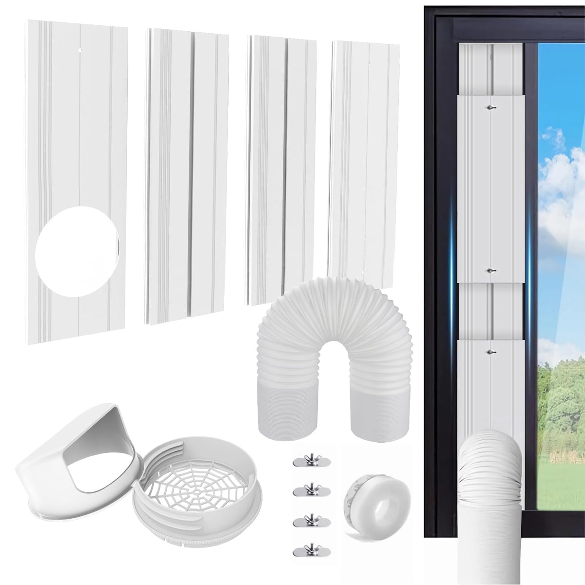 G GO . HO portable AC vent kit with 5.9-inch hose for secure window installation.