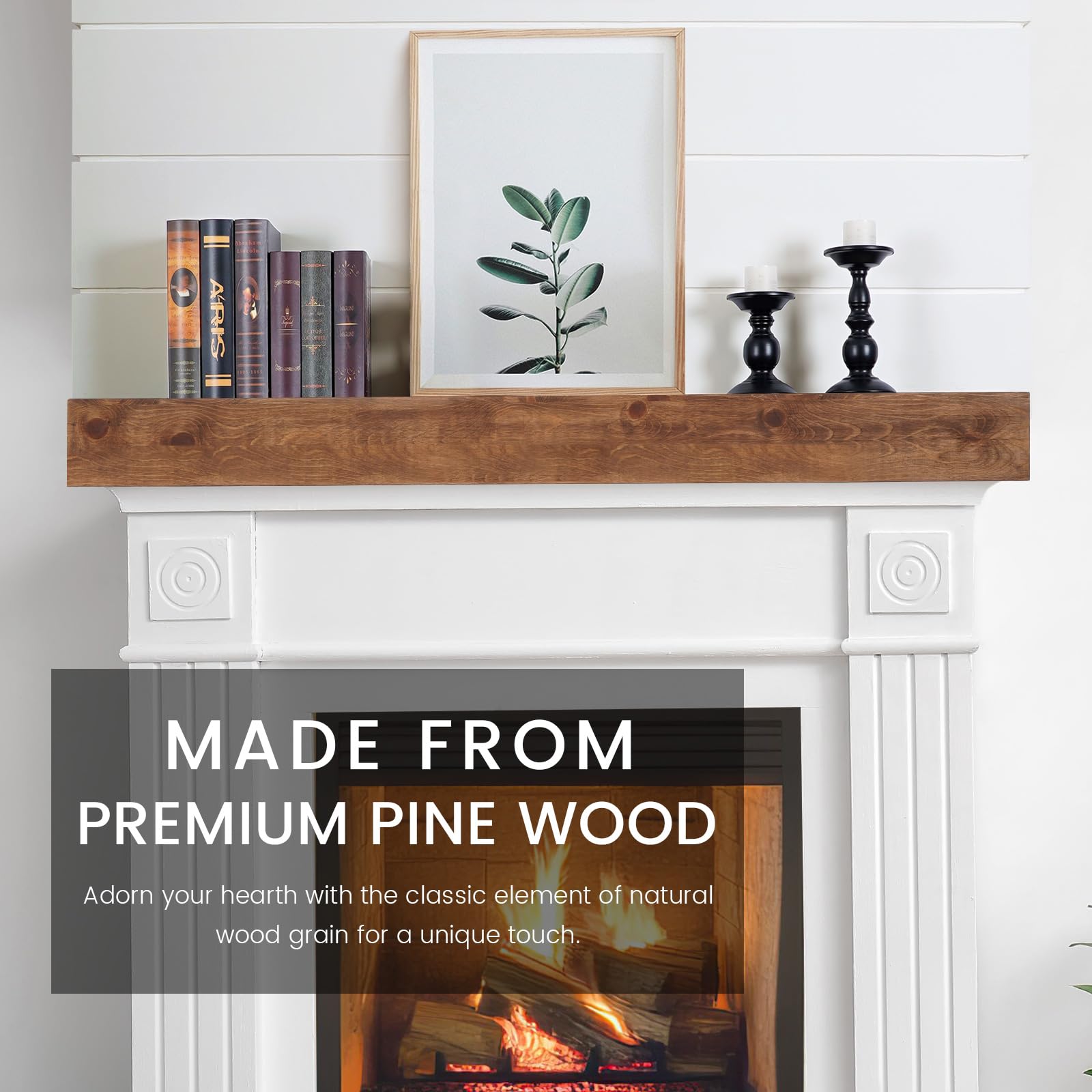 G GOOD GAIN brushed pine mantel shows unique grain for handcrafted focal point.