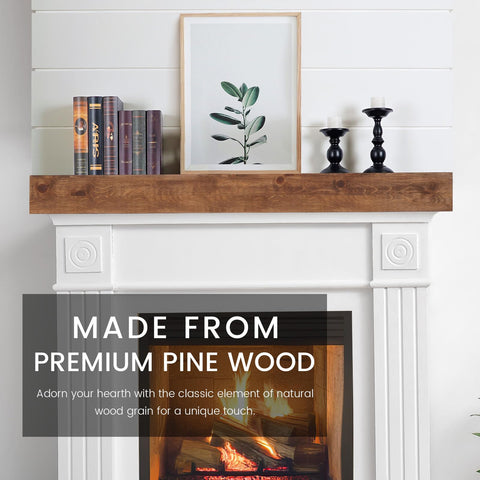 G GOOD GAIN brushed pine mantel shows unique grain for handcrafted focal point.