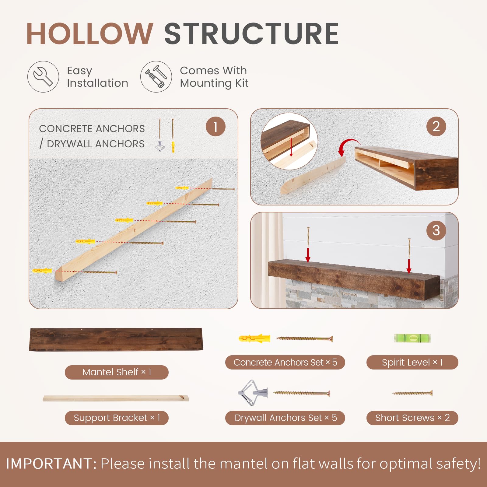 G GOOD GAIN hollow-design mantel allows quick, tool-free installation.