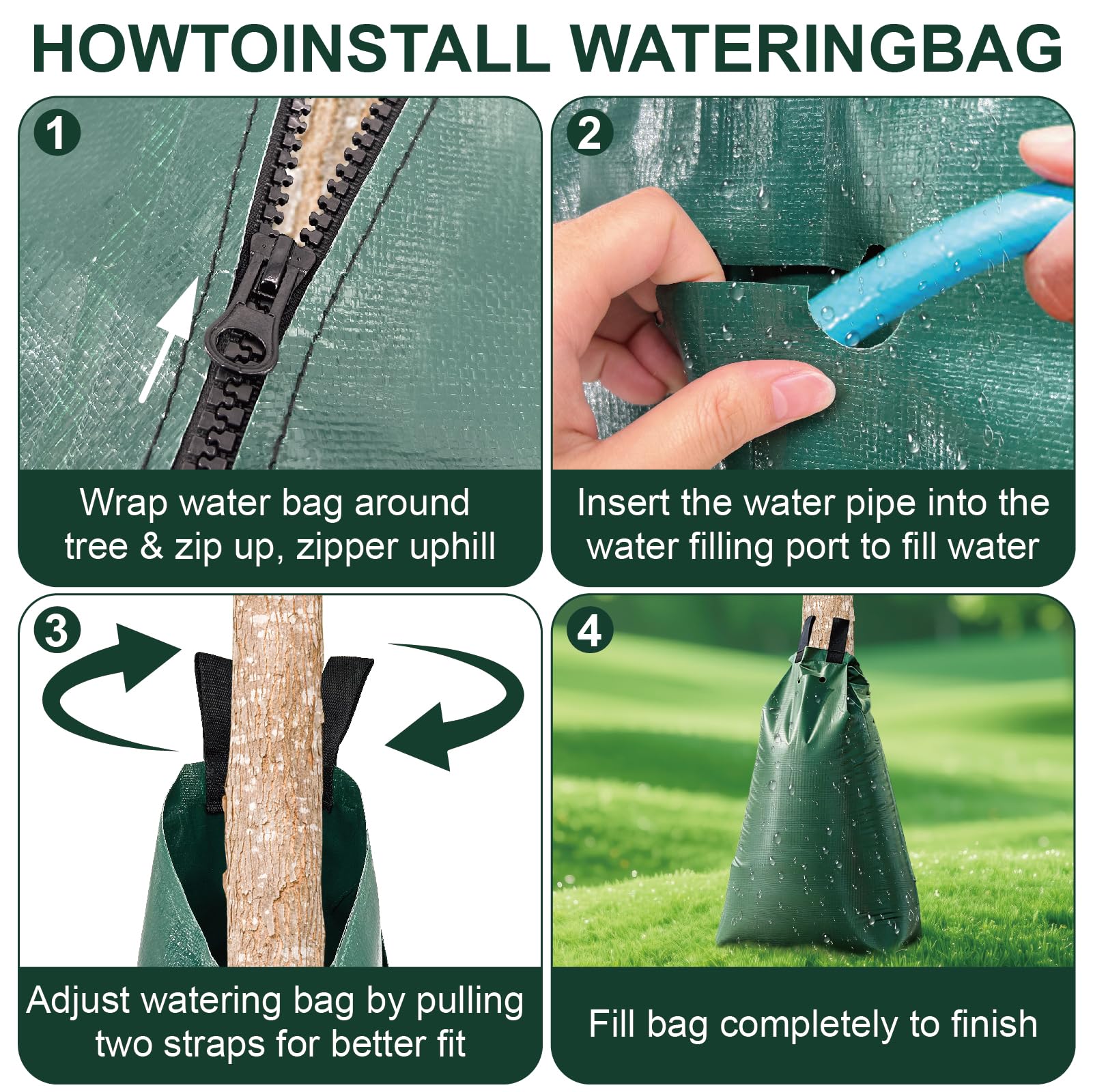 GGYKJSK Tree Water Bag installs quickly with a standard garden hose.