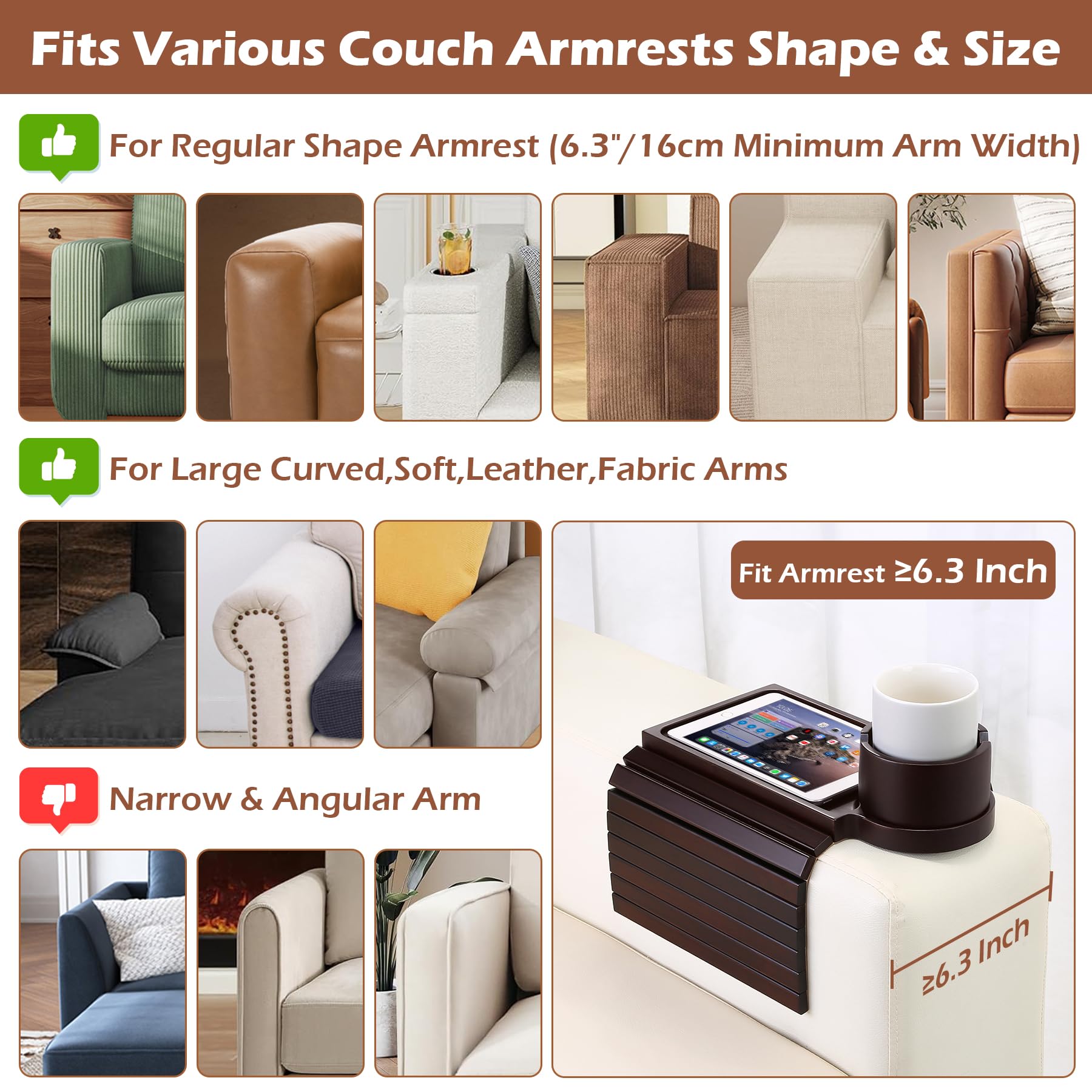 GHKINMAL bamboo armrest clip-on table adds a sturdy on-sofa surface.