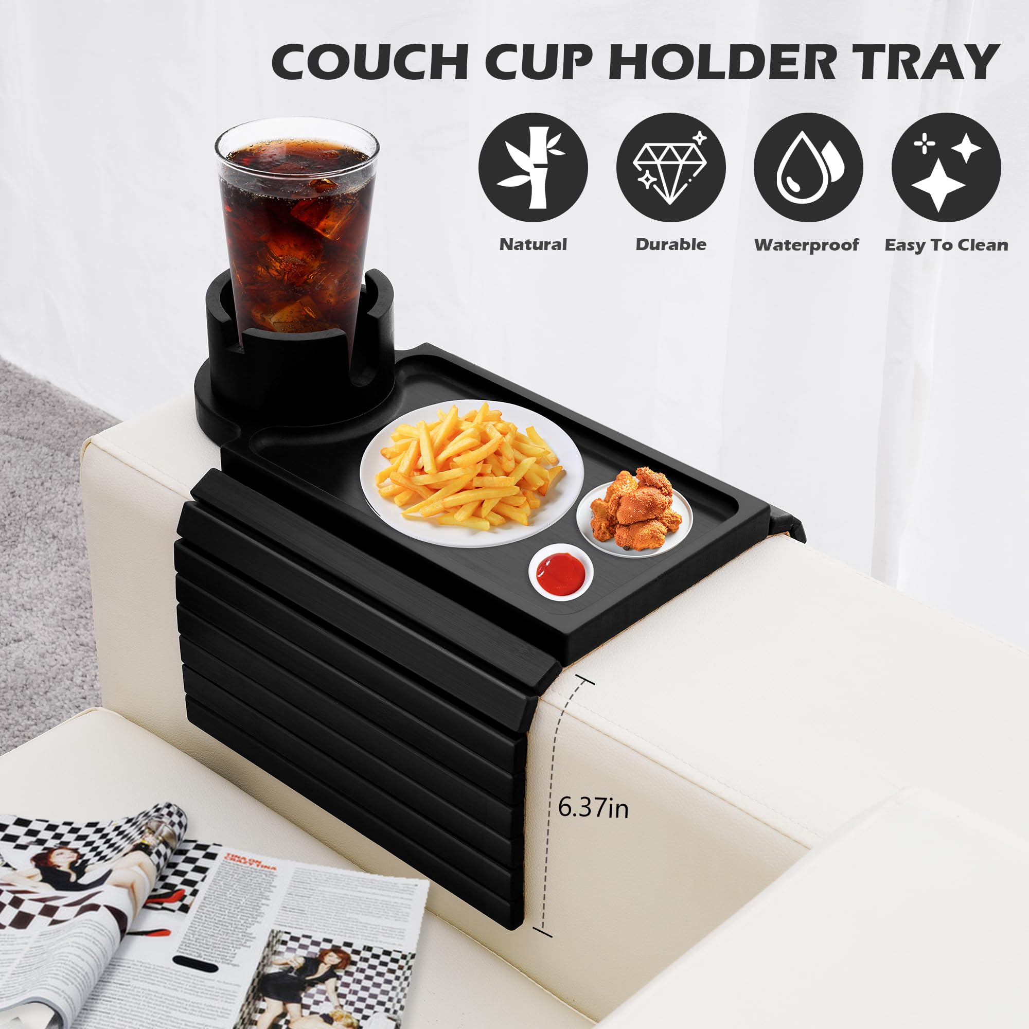 GHKINMAL clip-on sofa tray attached to the arm for convenient snacks.