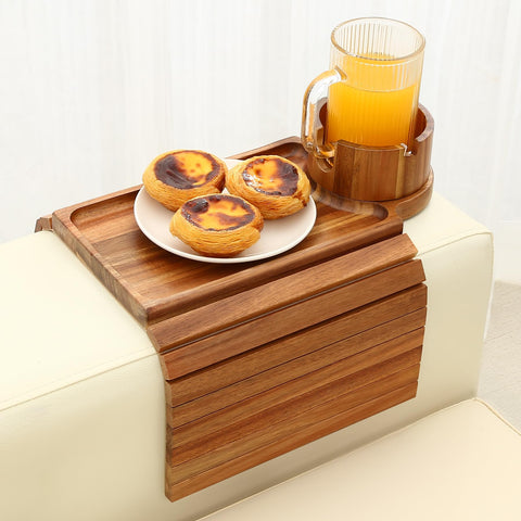 GHKINMAL couch arm table in acacia wood with rotating cup holder for snacks.