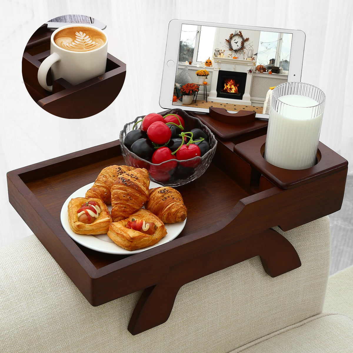 GHKINMAL couch armrest table with cup holder keeps drinks secure and within reach.
