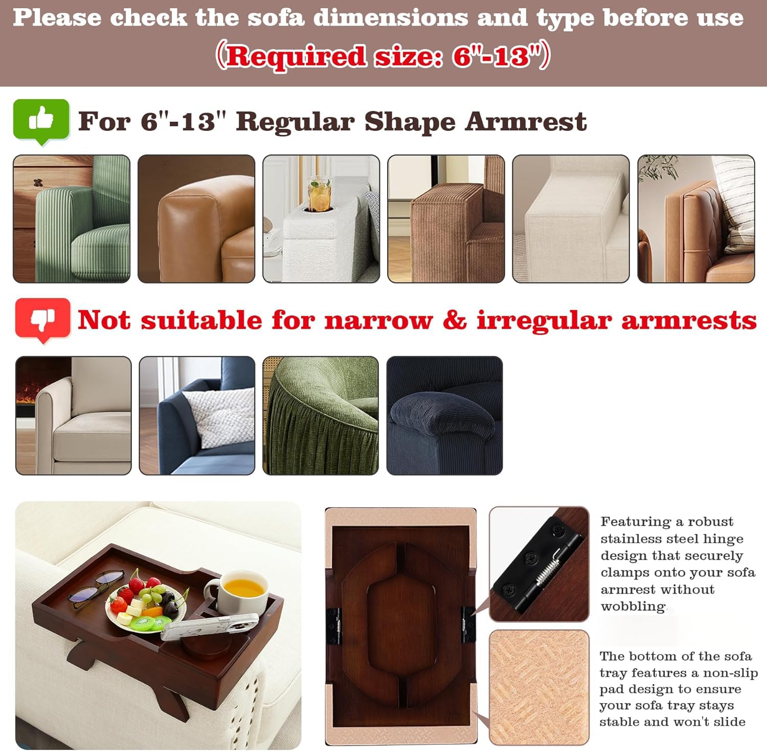 GHKINMAL armrest table with non-slip pads protecting furniture and stabilizing items.
