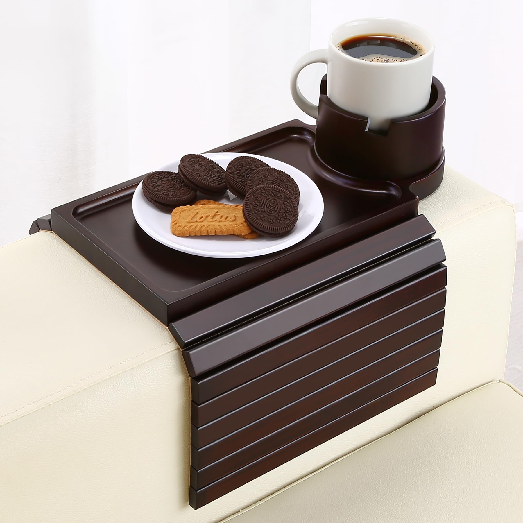 GHKINMAL couch cup holder tray 3-in-1 design keeps drinks within reach for cozy lounging.