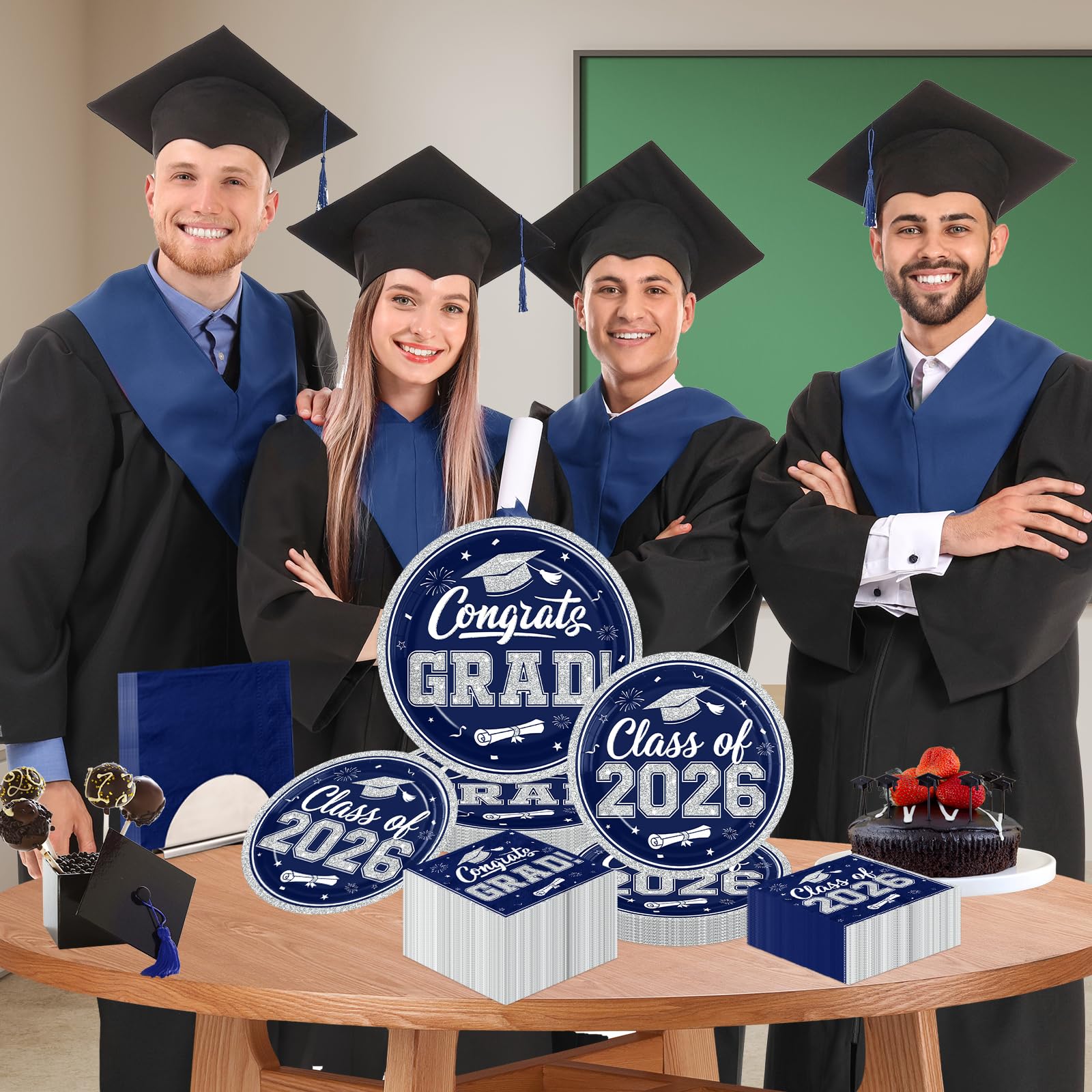 Ghokawu navy graduation napkins coordinating with plates