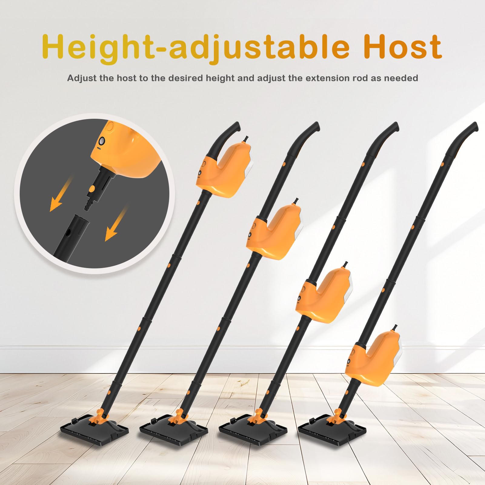 GHORA steam mop shows 23 ft cord for extended reach and uninterrupted cleaning.