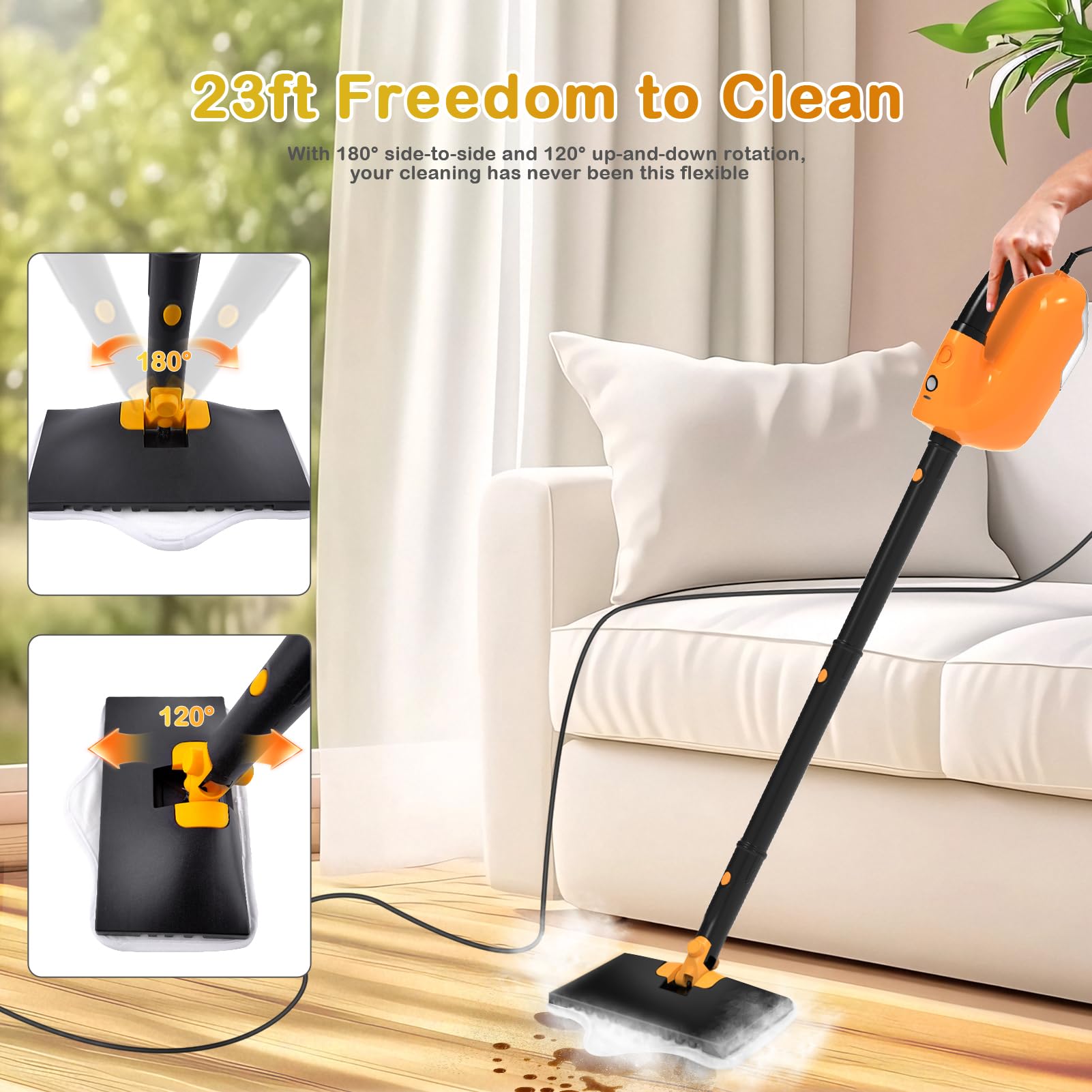 GHORA steam mop removable tank for easy refills and fast setup.