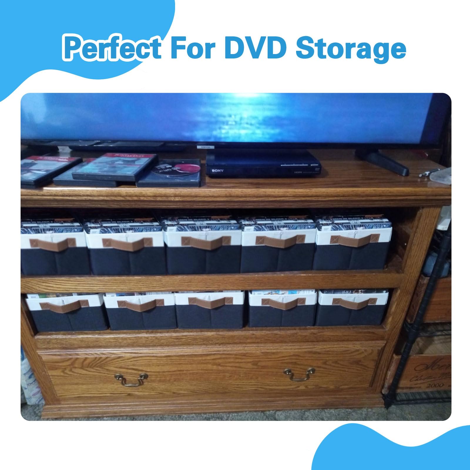 Foldable DVD storage boxes save space when not in use.