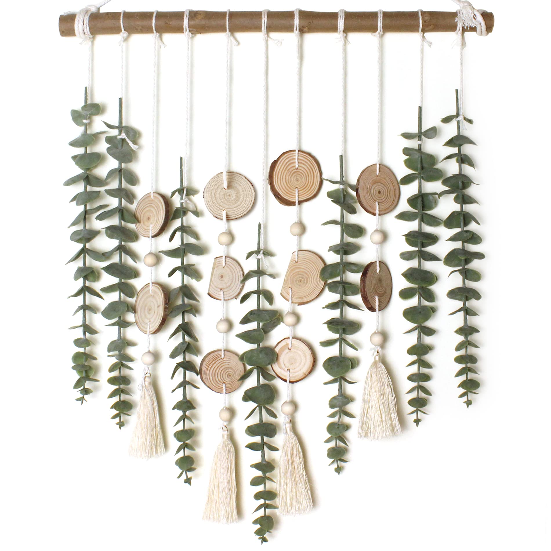 Giauma artificial eucalyptus wall decor on a natural wood stick for boho style.