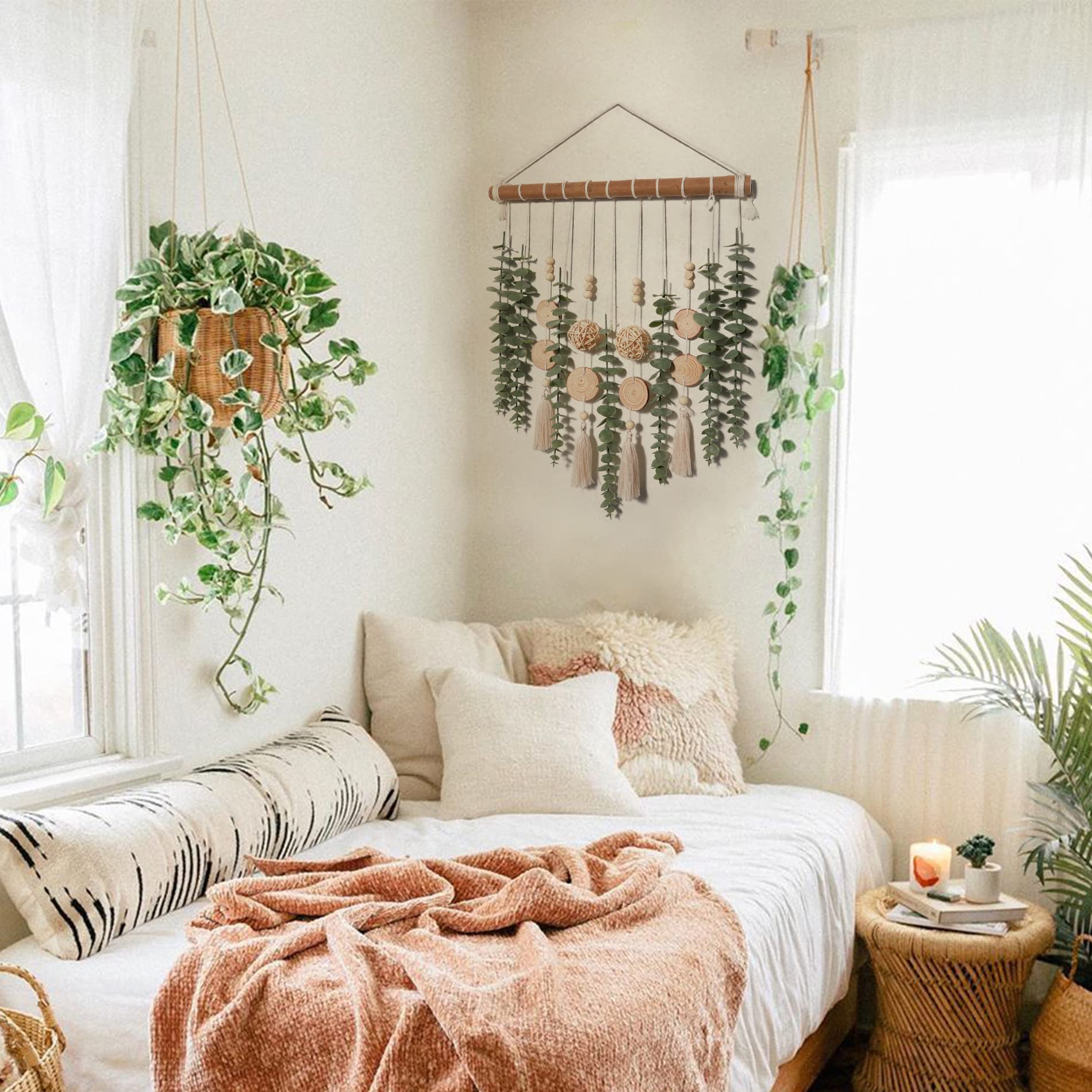 GIAUMA wicker ball and beige fringe add tactile boho accents to décor.