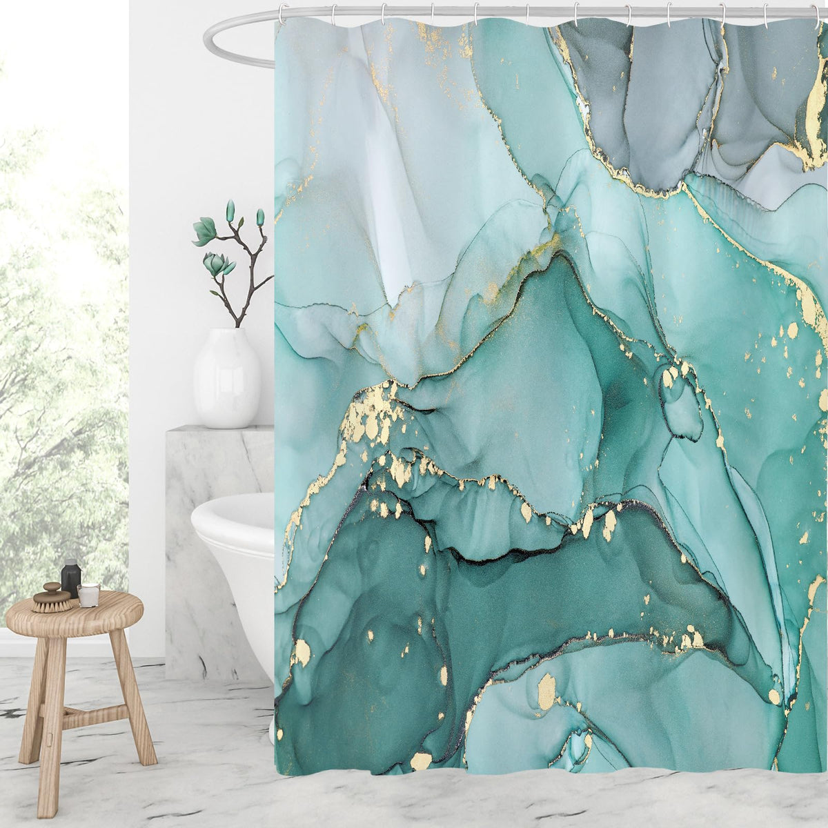 Gibelle abstract teal marble shower curtain pattern enhances modern bathroom decor