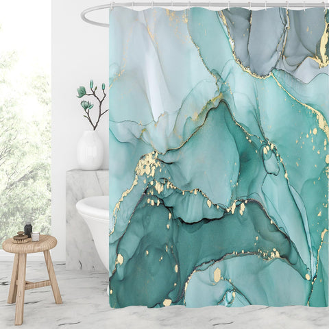 Gibelle abstract teal marble shower curtain pattern enhances modern bathroom decor