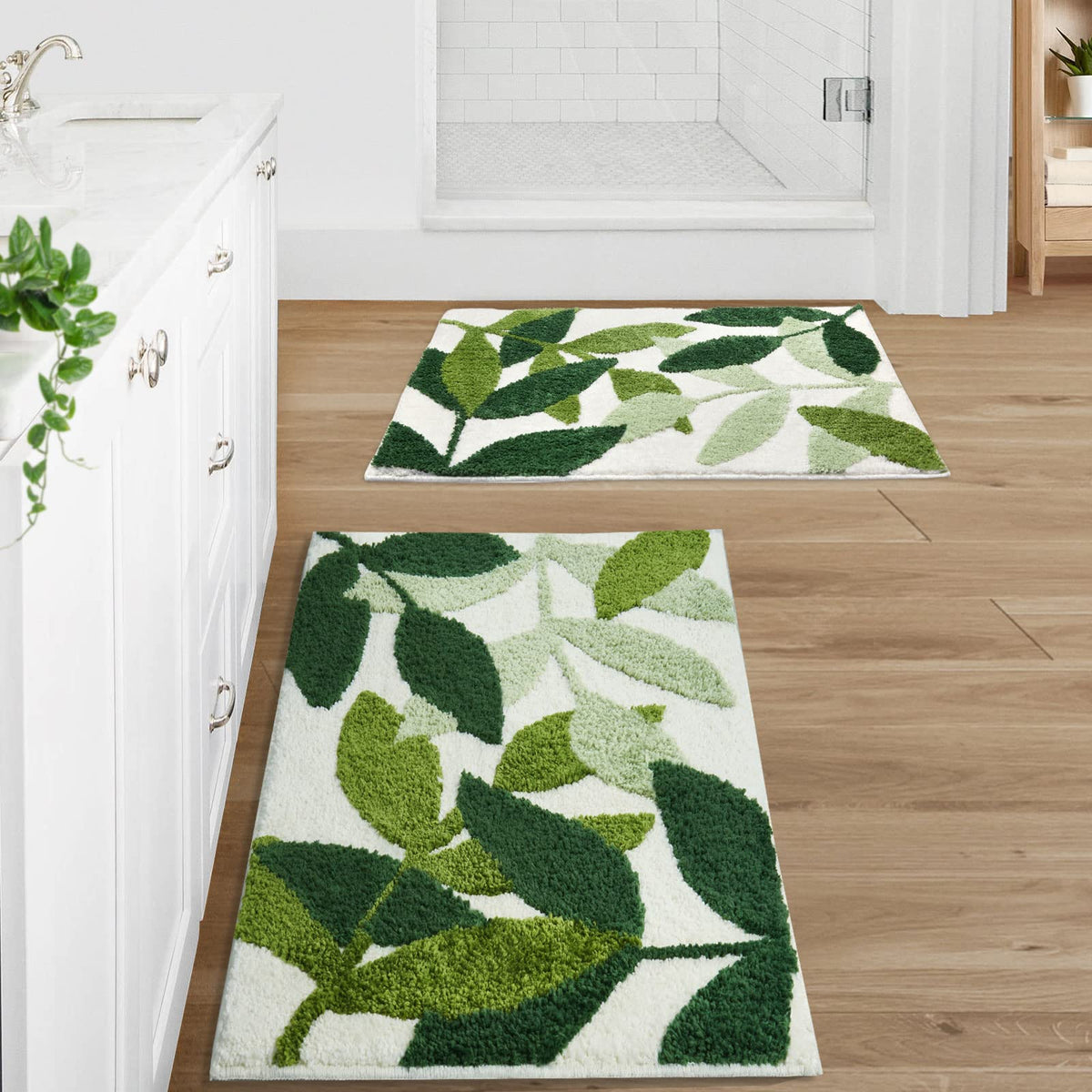 Gibelle green bathroom rug 18x26 with plush surface and non-slip back for secure bathroom footing.
