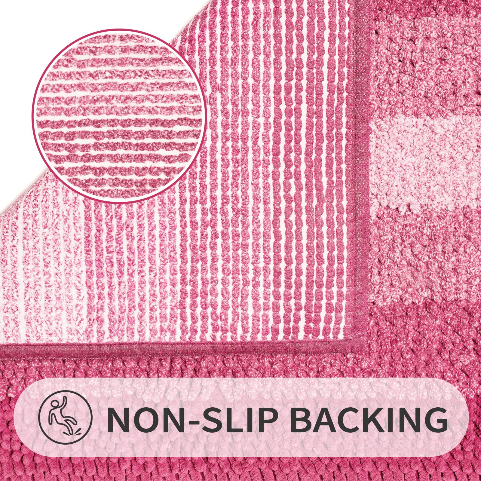 Gibelle pink bath mat with SEBS non-slip backing for secure footing.