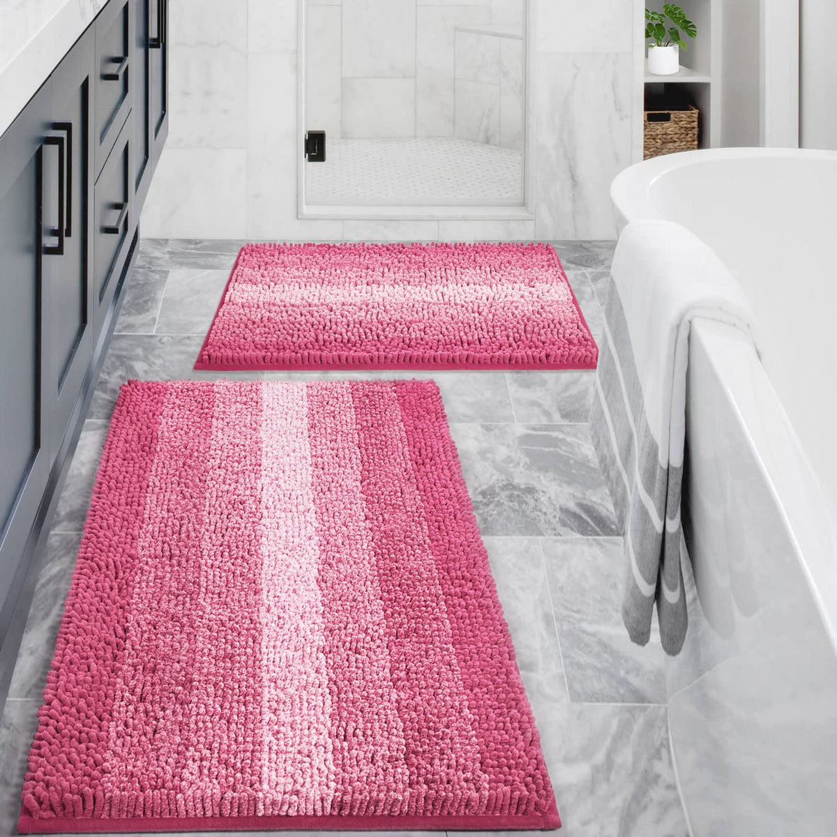 Gibelle pink bath rug 16x24 with soft chenille for cozy feet.