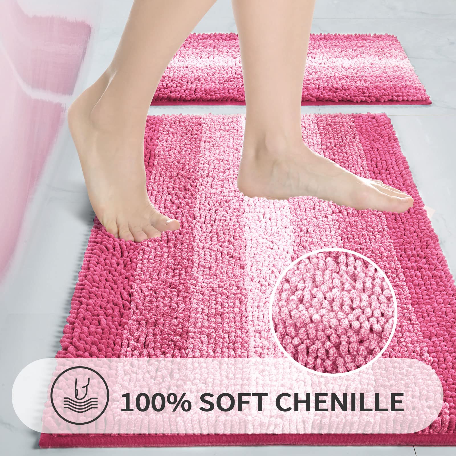 Gibelle pink bath rug 20x32 highlighting absorbent fibers and quick-dry action.