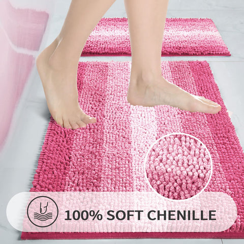 Gibelle pink bath rug 20x32 highlighting absorbent fibers and quick-dry action.