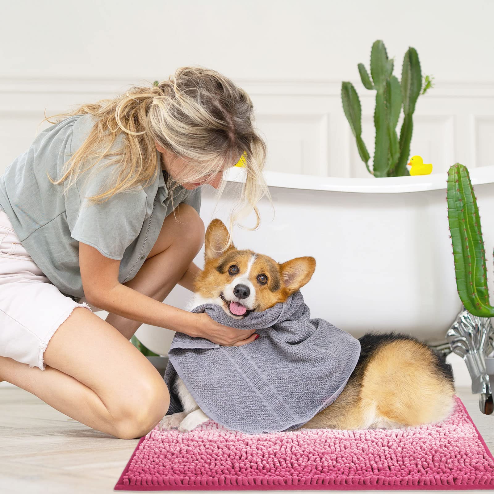 Gibelle pink bath rug set designed for easy, low-maintenance care.