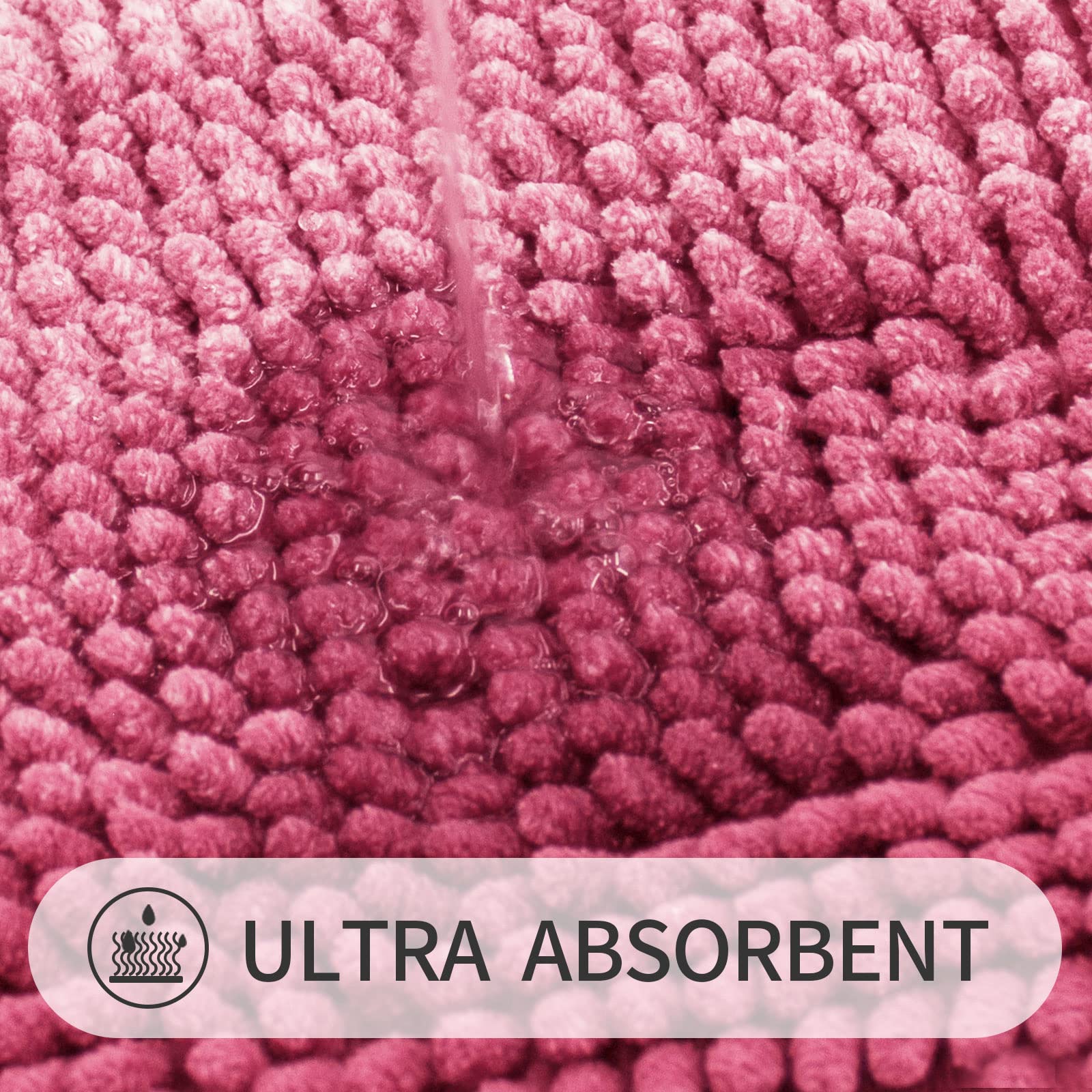 Gibelle pink chenille fibers provide plush texture and moisture absorption.
