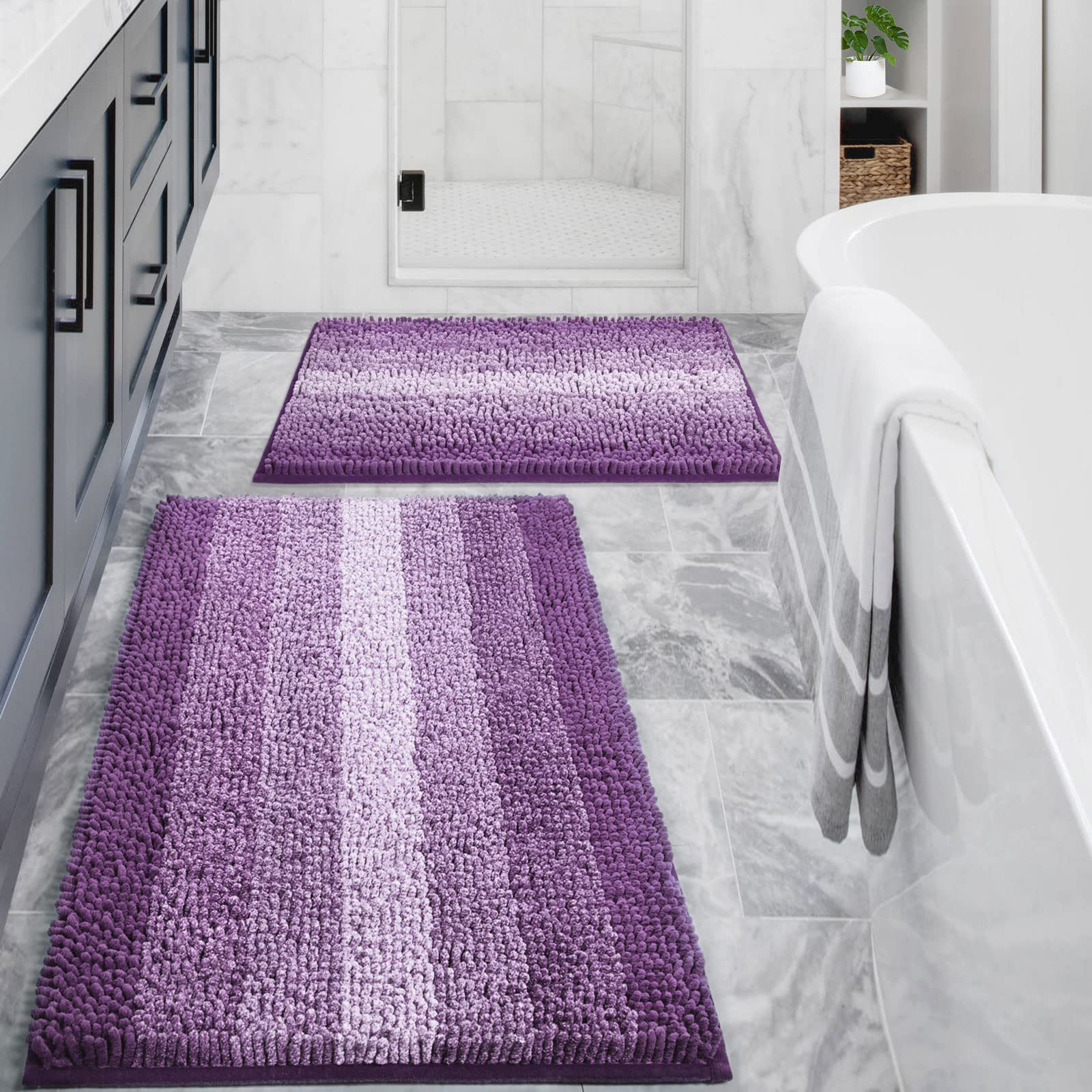 Gibelle purple bathroom rug set in full view, cozy underfoot.