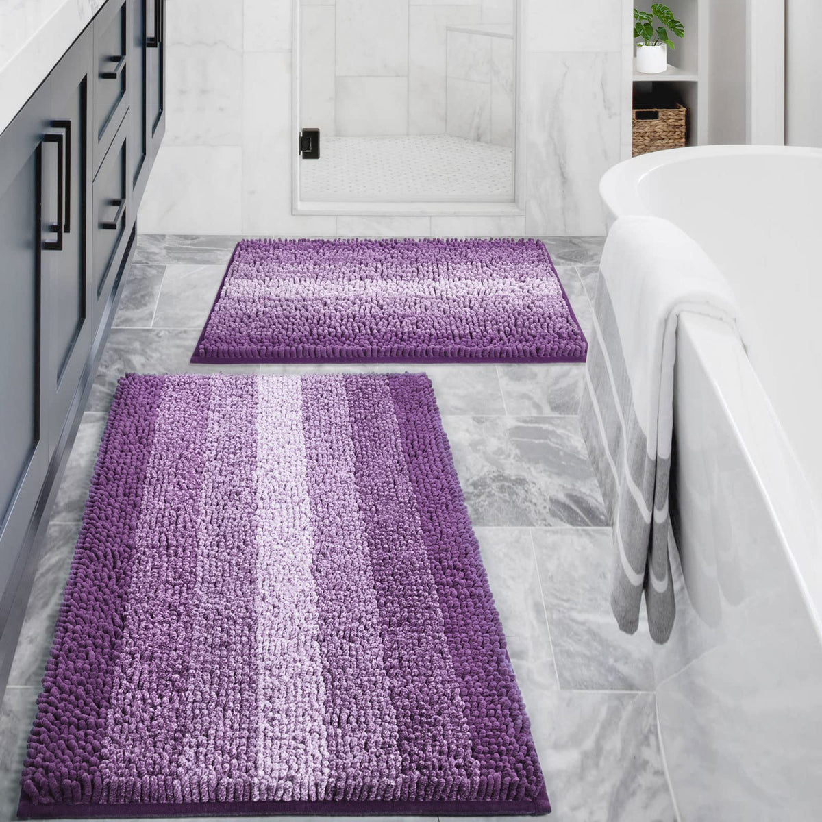 Gibelle purple bathroom rug set in full view, cozy underfoot.