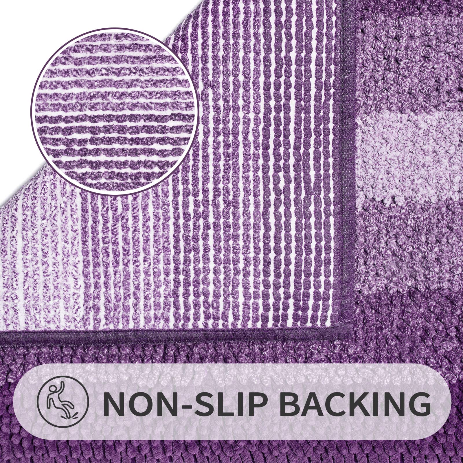 Gibelle purple rug with non-slip backing stays in place.