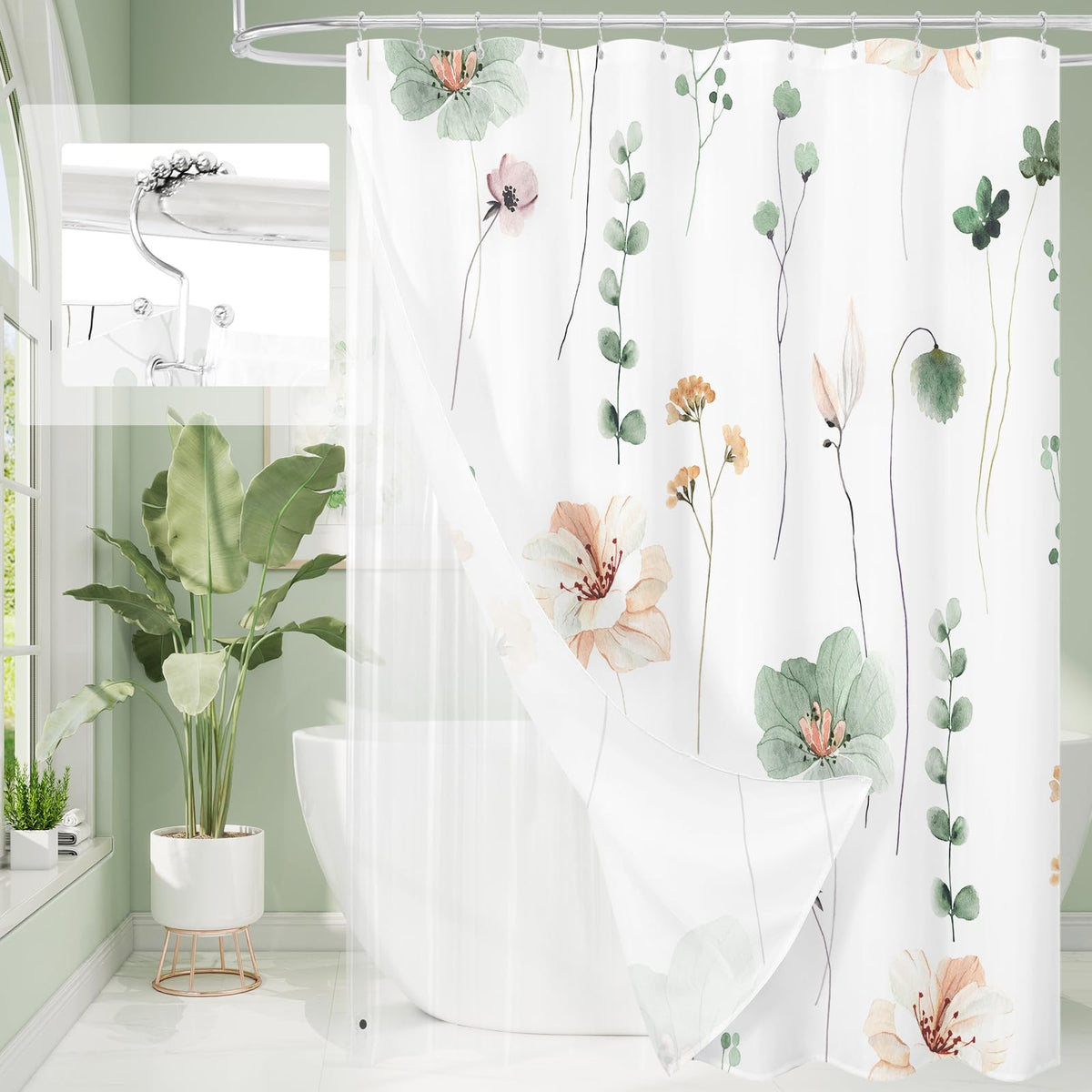 Gibelle sage green floral curtain with liner helps keep bathroom dry.