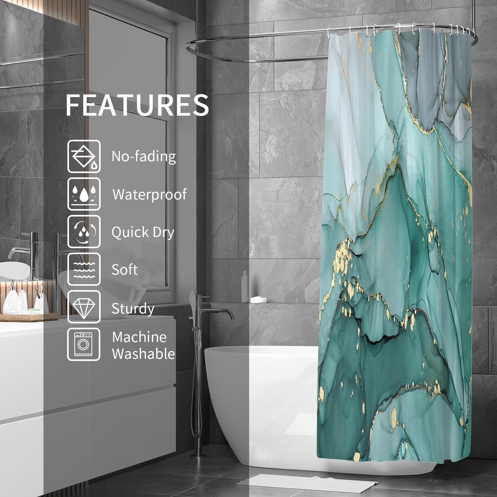 Gibelle turquoise marble details create a spa-like shower ambiance