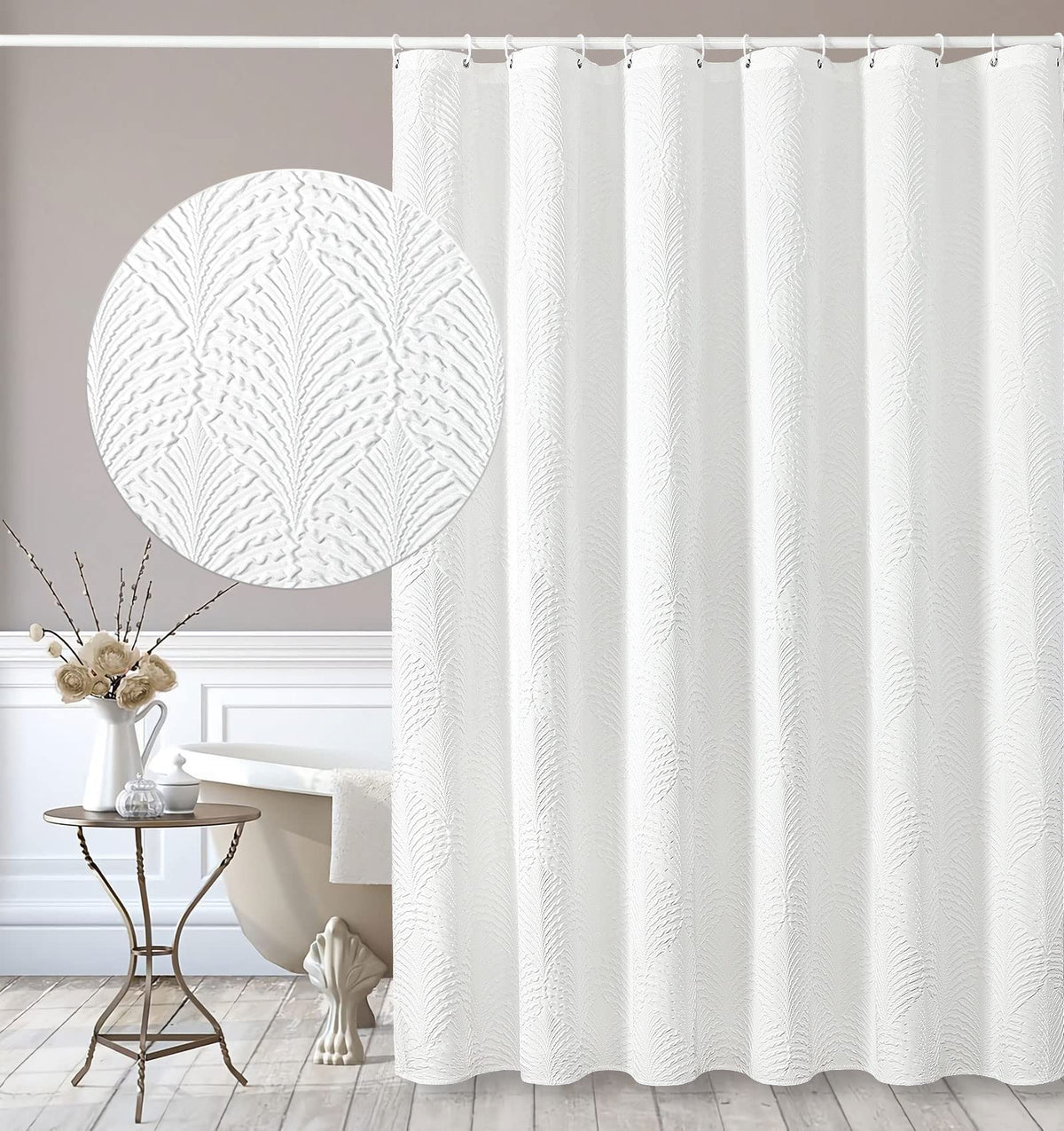 Gibelle white shower curtain with 3D embossed texture for a spa-like bathroom.