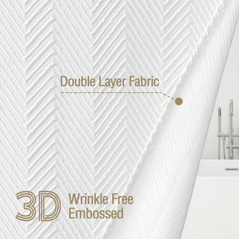 Gibelle White Shower Curtain in a bright bathroom showcasing neat, spa-like styling.