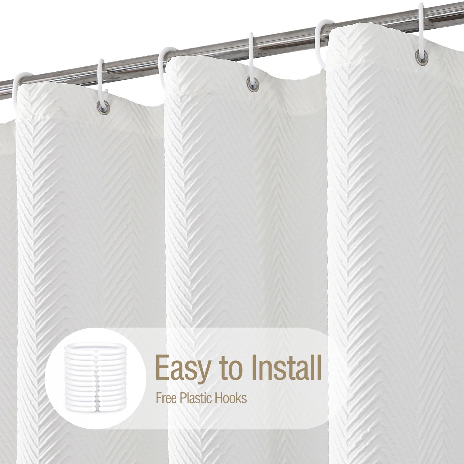 Gibelle White Shower Curtain includes hooks for easy setup.