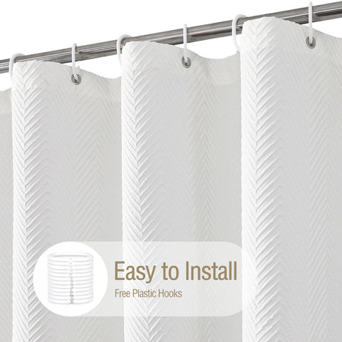 Gibelle White Shower Curtain includes hooks for easy setup.