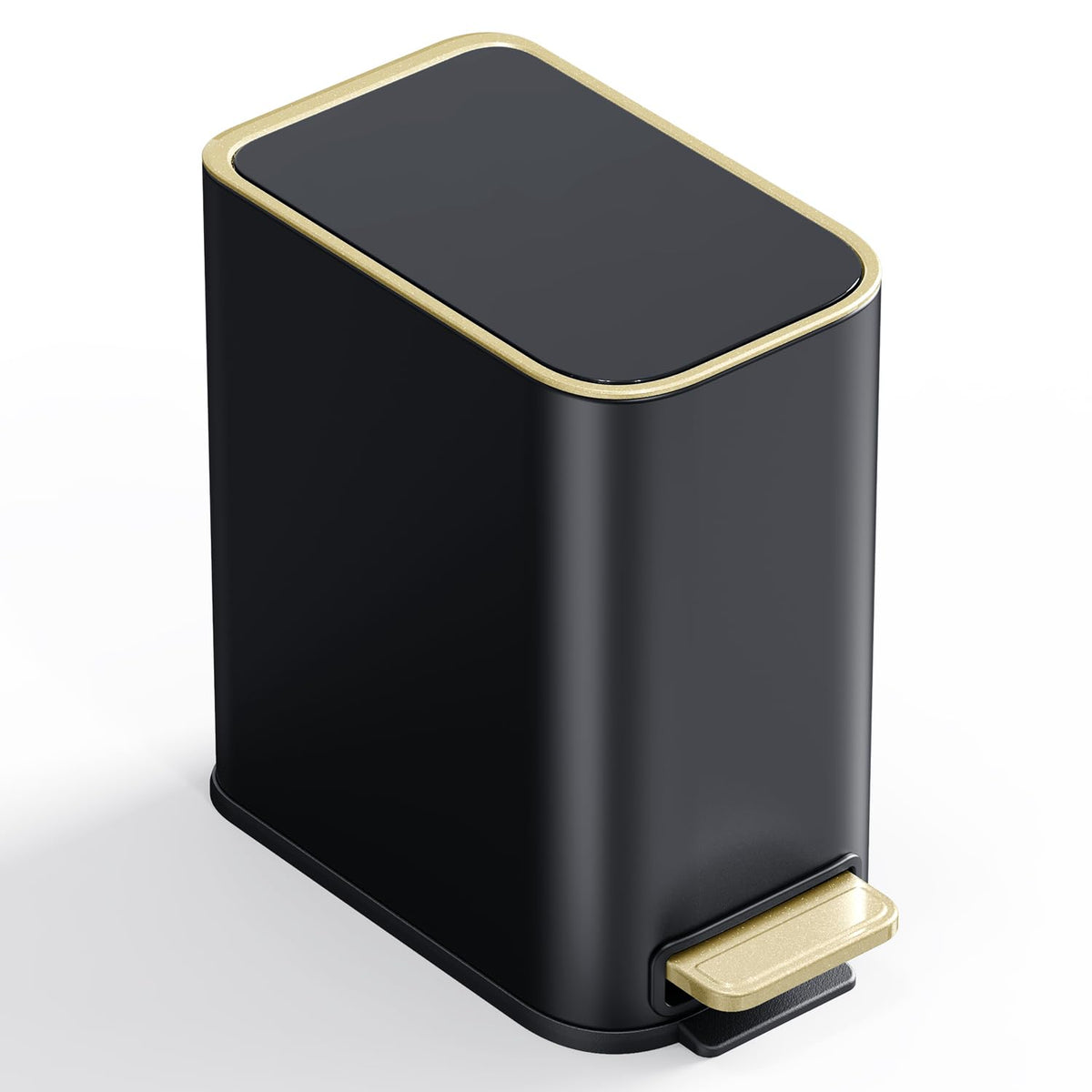 GibHerz small black-and-gold trash can with soft-close lid, ideal for quiet bathrooms