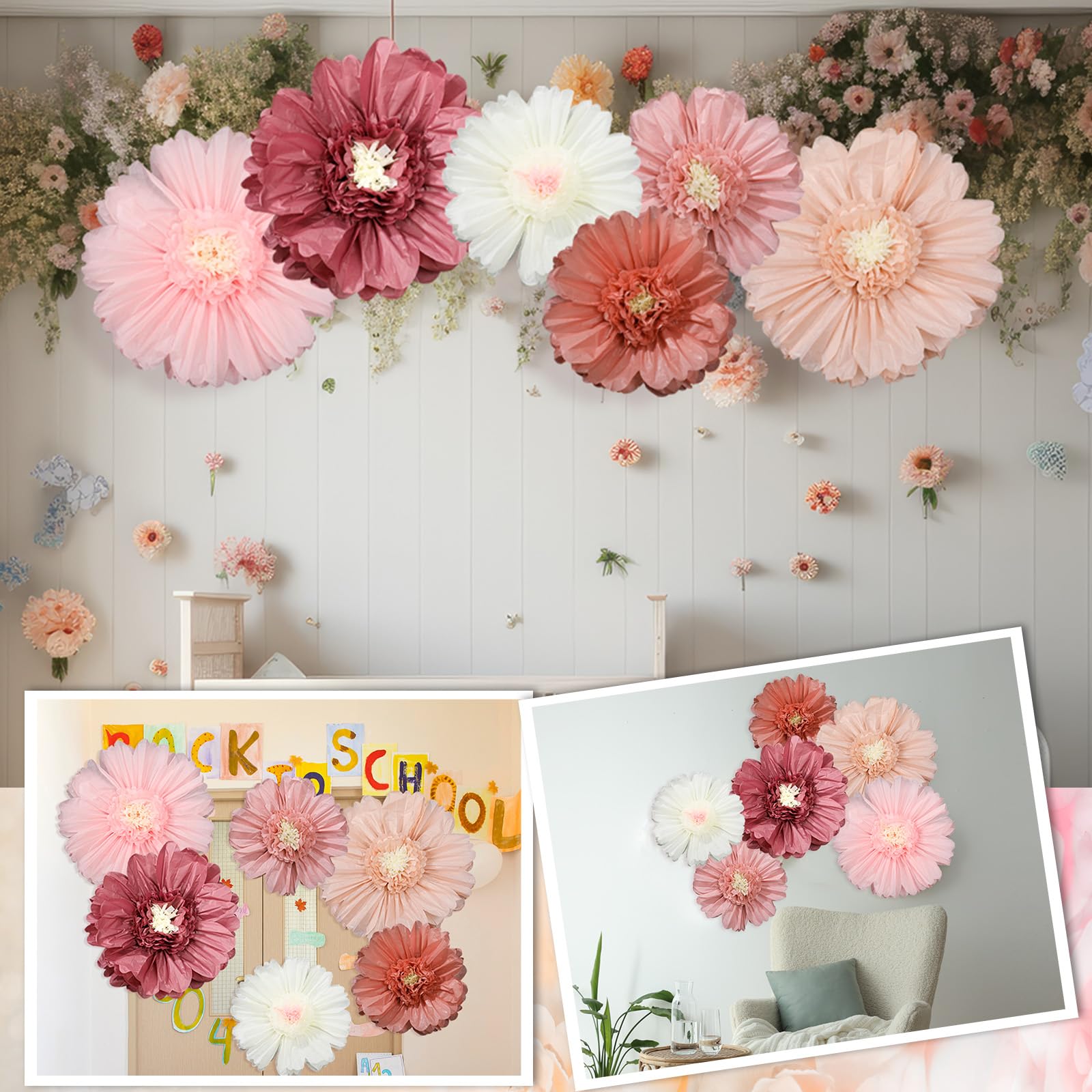 Giegxin pink tissue flower set for baby showers and nursery styling