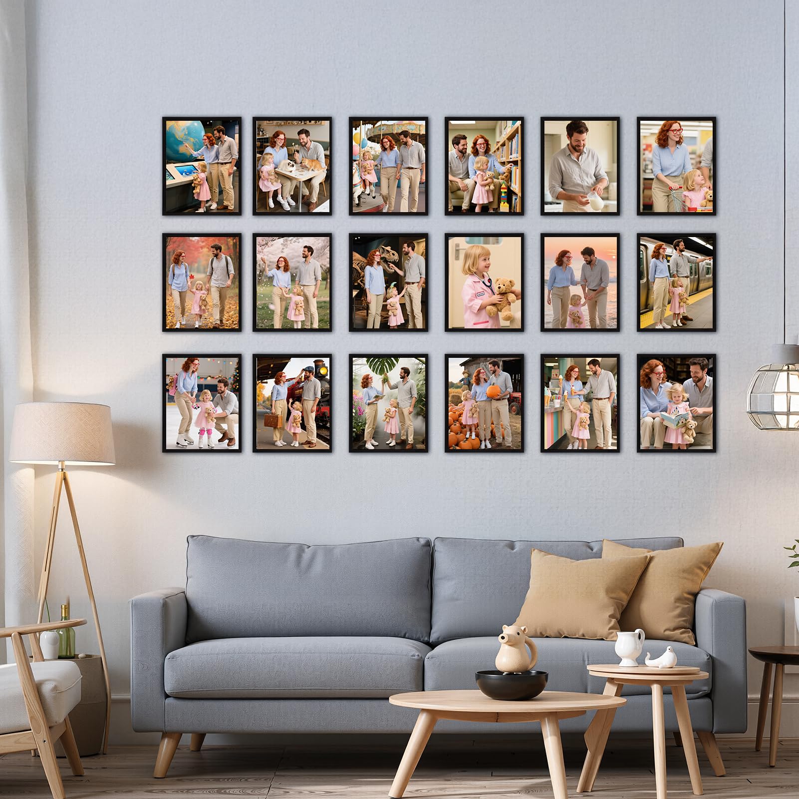 Giftgarden wall gallery arrangement using 18 frames for cohesive collages