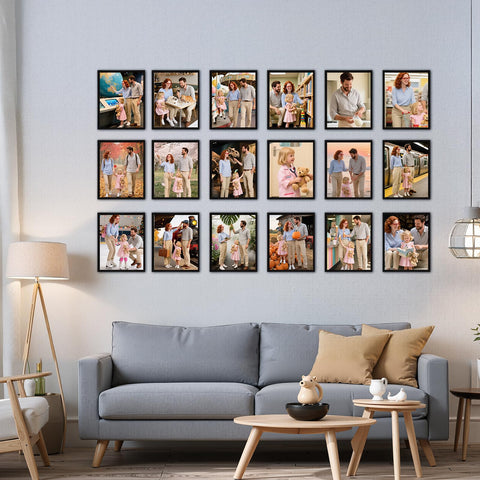 Giftgarden wall gallery arrangement using 18 frames for cohesive collages