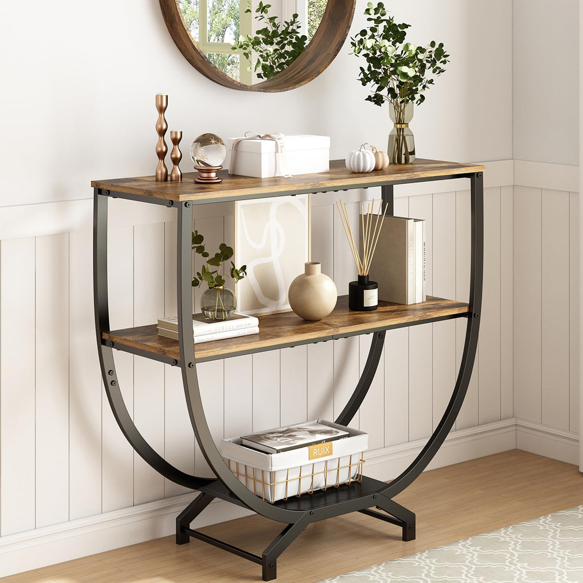 GILLAS 3 Tier Console Table front view shows sturdy frame and rustic finish for entryways.