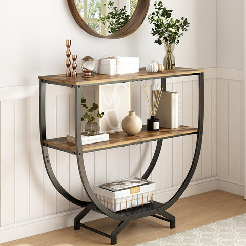 GILLAS 3 Tier Console Table front view shows sturdy frame and rustic finish for entryways.