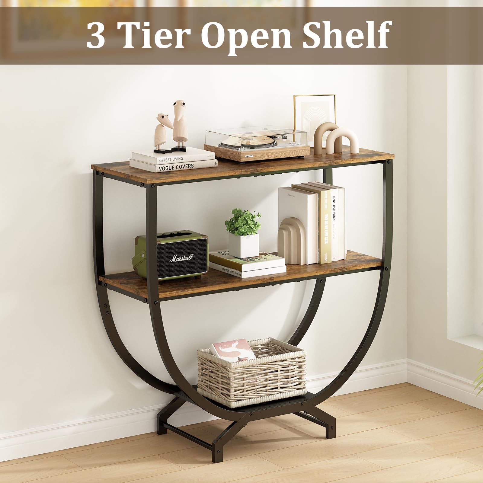 GILLAS 3 Tier Console Table living room setup shows versatile placement.