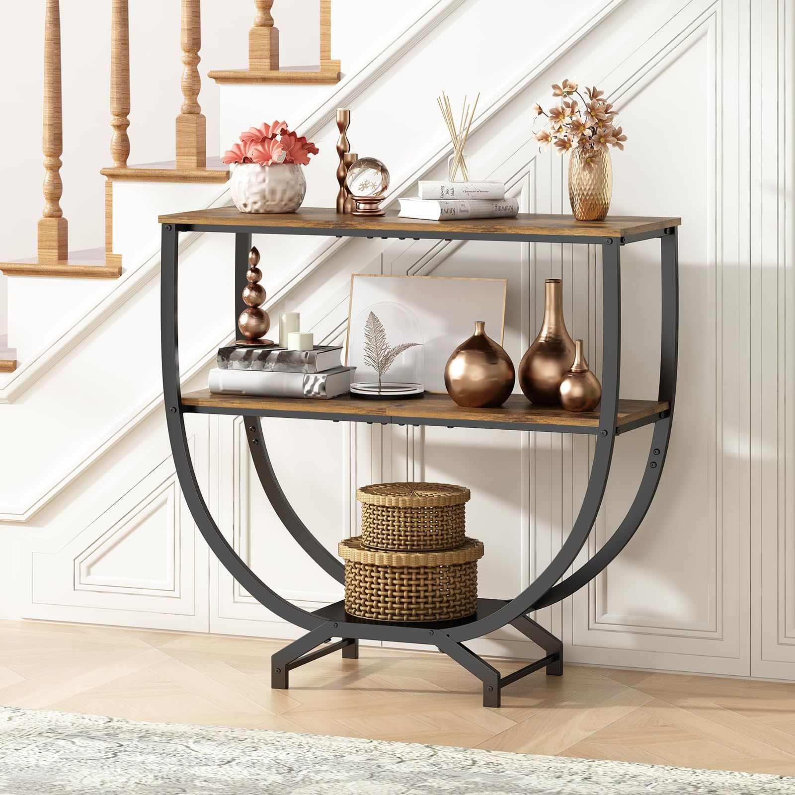 GILLAS 3 Tier Console Table metal frame closeup emphasizes durability.