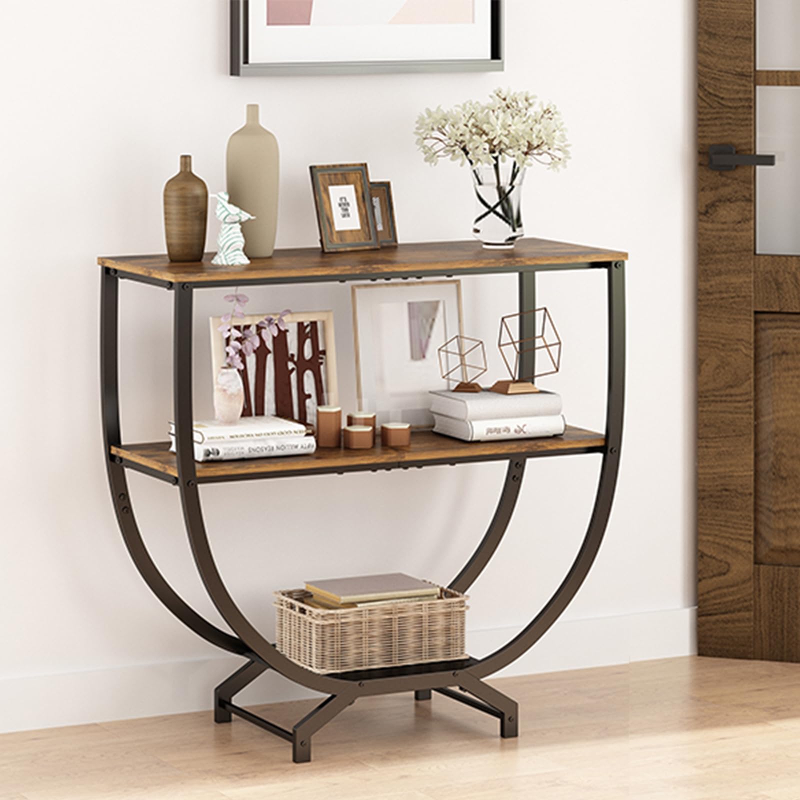 GILLAS 3 Tier Console Table rustic brown finish complements industrial vibes.