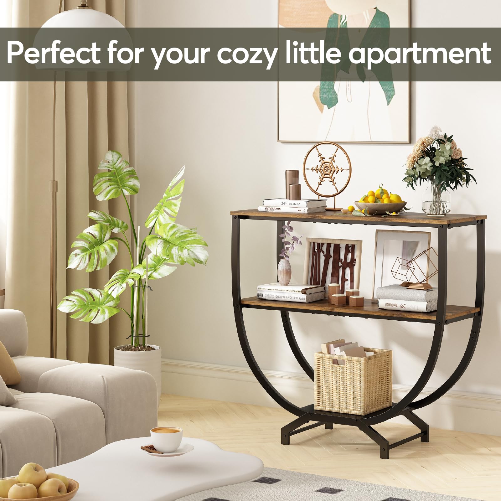 GILLAS 3 Tier Console Table storage space demonstrates organized surfaces.