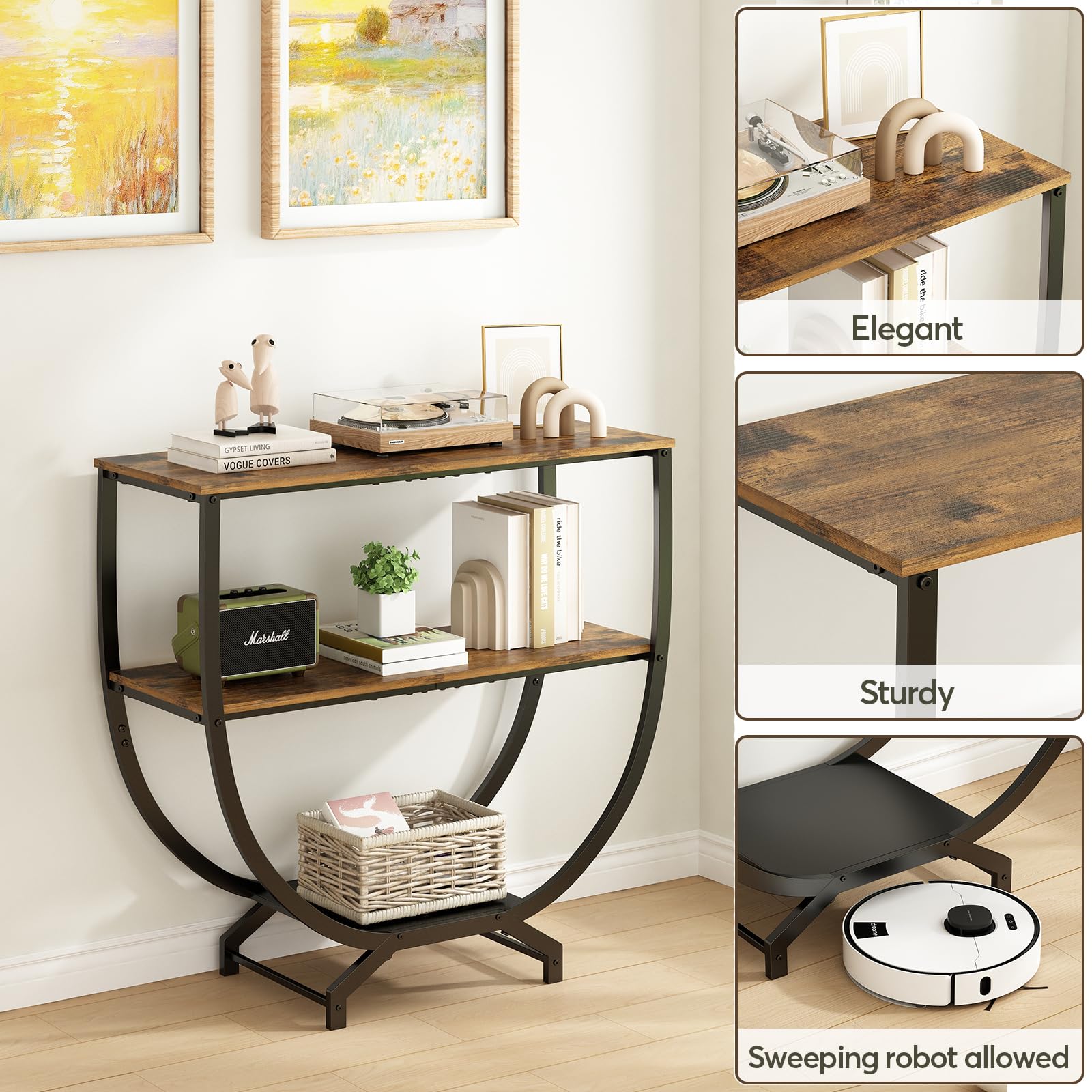 GILLAS 3 Tier Console Table top detail reveals engineered wood surface and metal accents.
