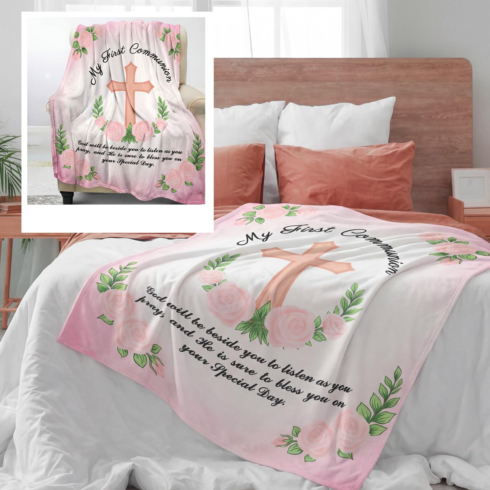 Gilprop First Communion Blanket decorative-bed-couch styling for home decor and milestone display.