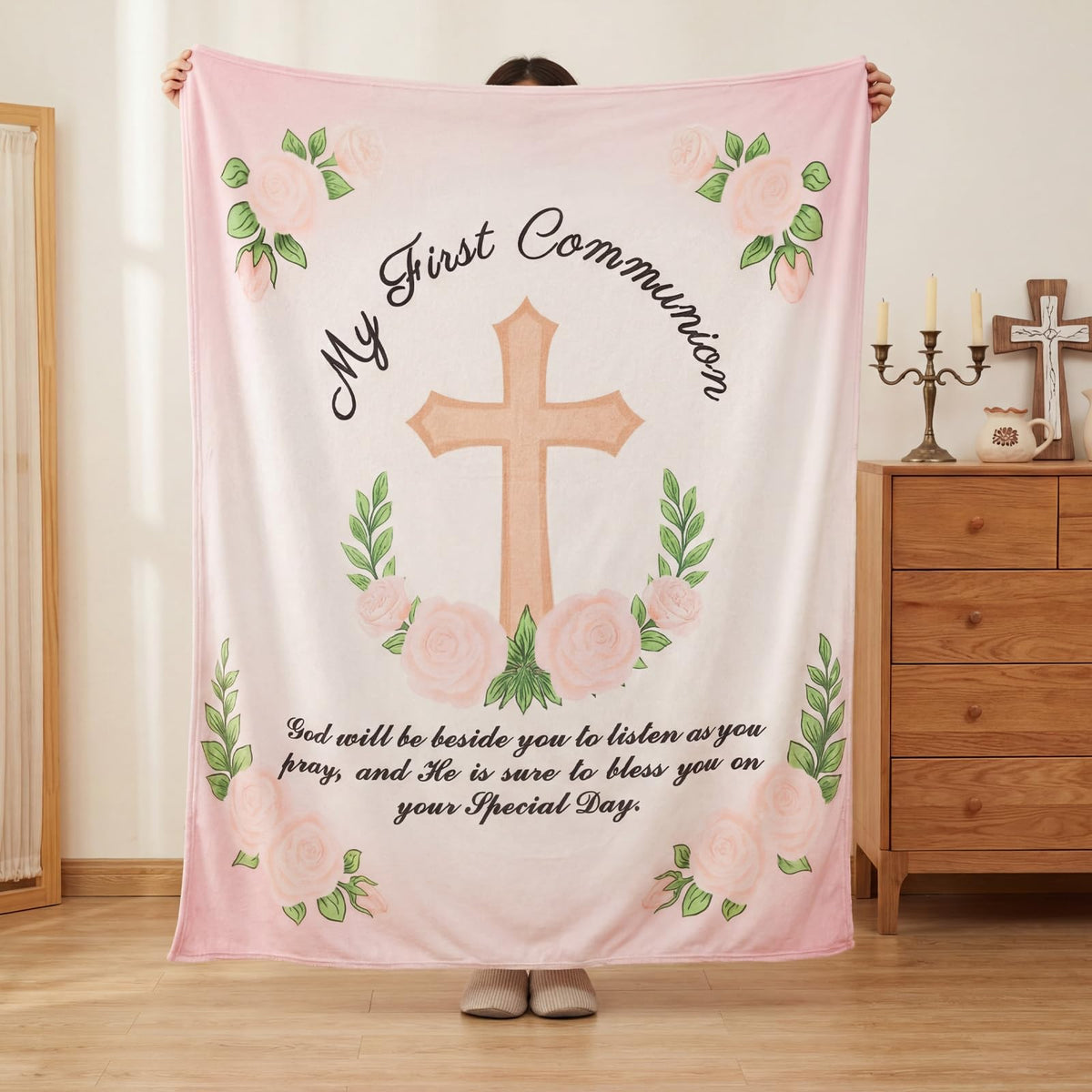 Gilprop First Communion Blanket pink-gold embroidery closeup for a cherished baptism keepsake.