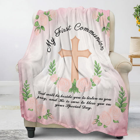 Gilprop First Communion Blanket fabric-texture closeup highlights soft polyester warmth.
